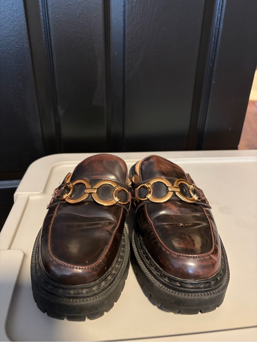 Circus NY Women's Brown Leather Chain-Trim Mules